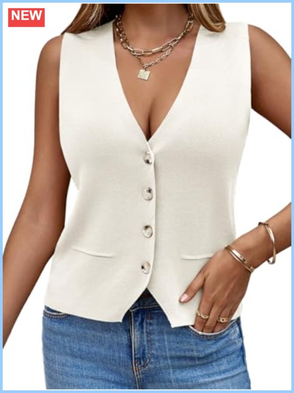 Sleeveless Sweater Vest V Neck Button Knit Cardigan Loose Fit Y2K